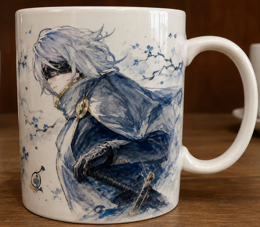 Blue-and-white hand-painted character portrait mug