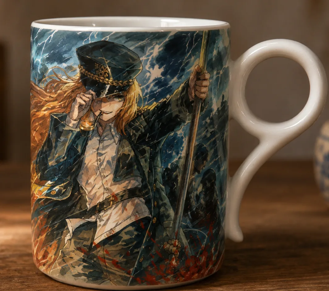 Collector-grade full-wrap character painting on a porcelain mug