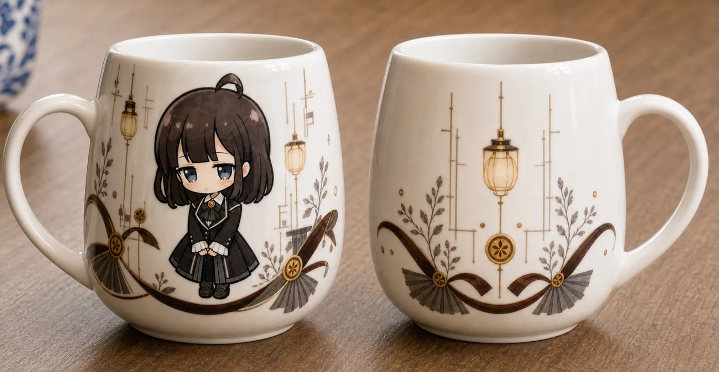 Front and reverse design of a two-sided character cup