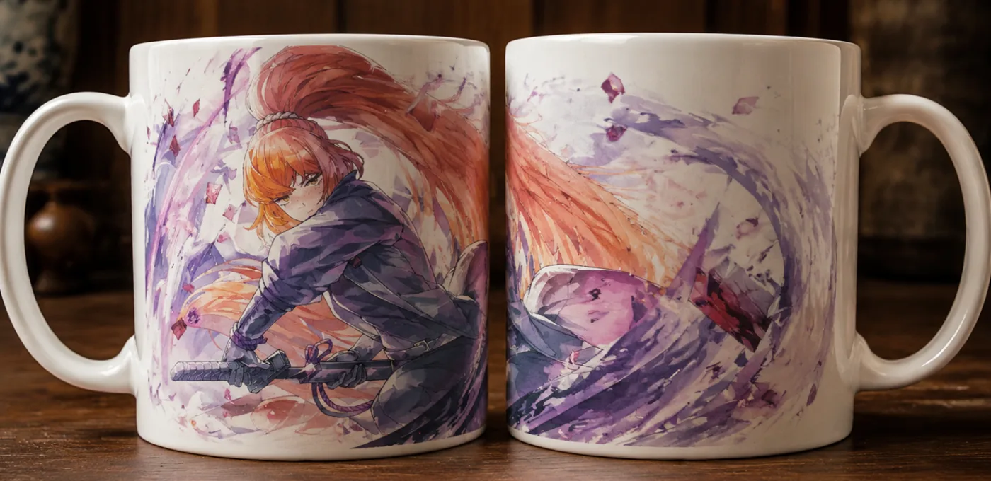 Two views of a violet and orange full-wrap character mug
